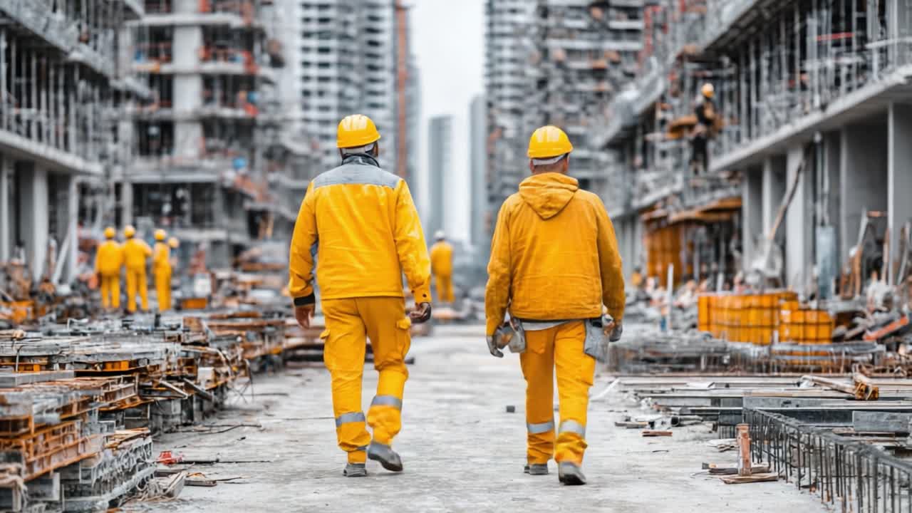 Construction Workers in Yellow Safety Gear Walking Through a High-Rise Building Site Surrounded by Scaffolding and Exposed Structure Elements