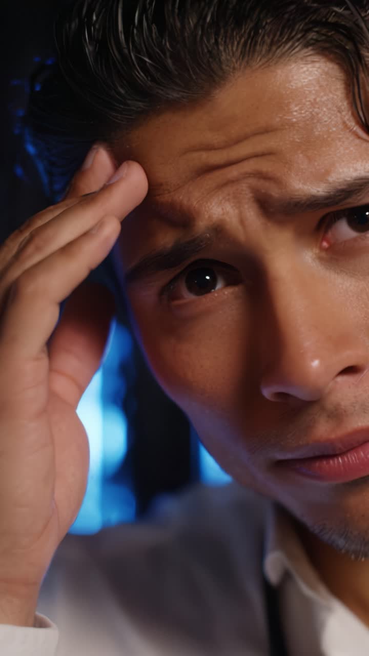 A Young Man Expresses Concern and Distress, Highlighting Emotional Turmoil Through Intense Facial Expressions and Hand Gestures in a Dimly Lit Setting