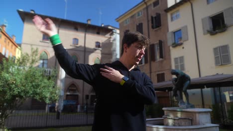 man stretching in italian square