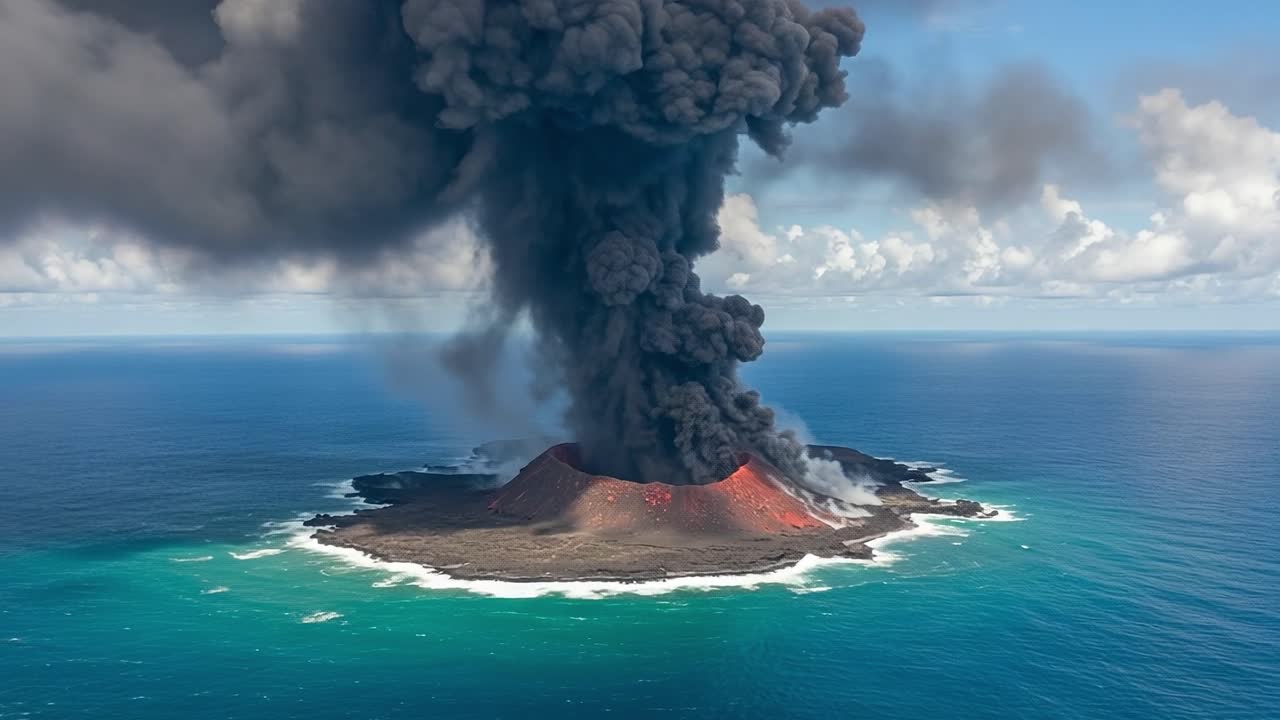 Stunning Aerial View of Volcanic Eruption with Thick Smoke and Lava Ejecting from Island, Surrounded by Turquoise Ocean in a Dramatic Natural Scene