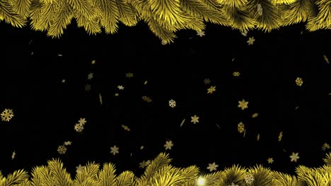 Animation-of-gold-snowflakes-falling-on-black-background-with-christmas-tree-border