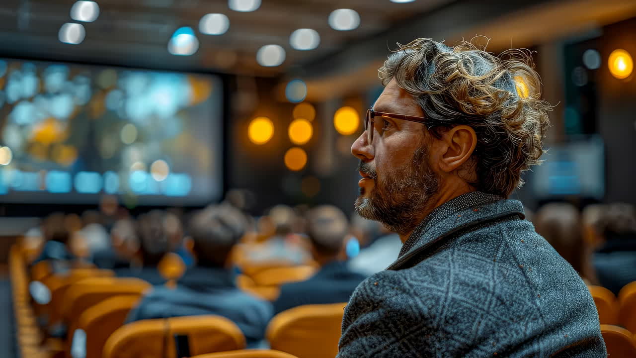 Man listening at a conference. A man with curly hair focuses on a presentation at a conference, surrounded by an engaged audience in a dark room