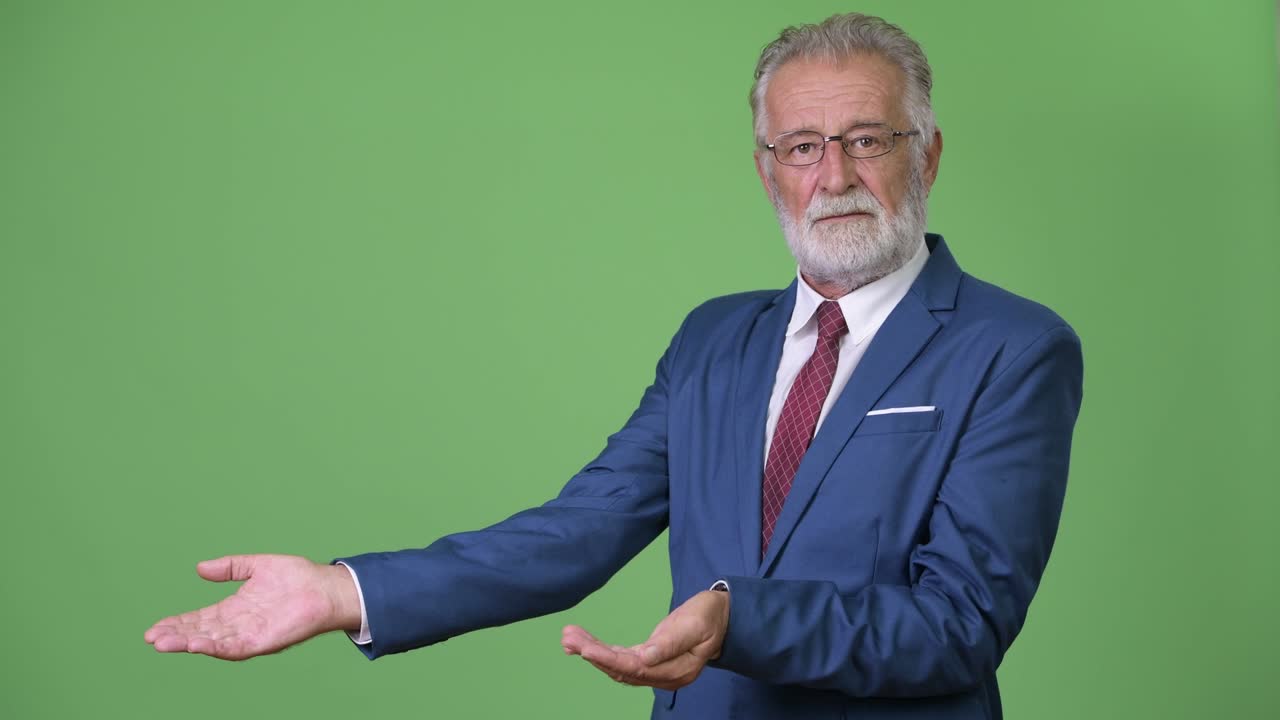 Handsome senior bearded businessman against green background