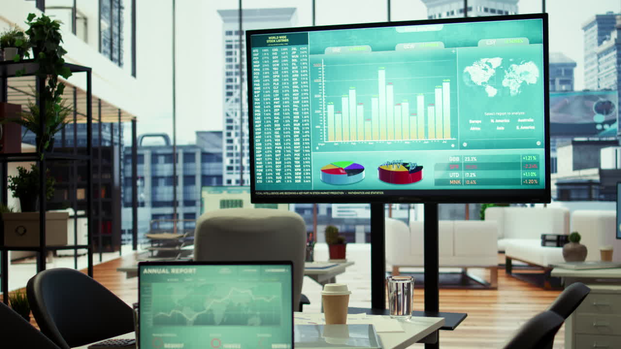Computer screen showcases business data and statistics In professional boardroom
