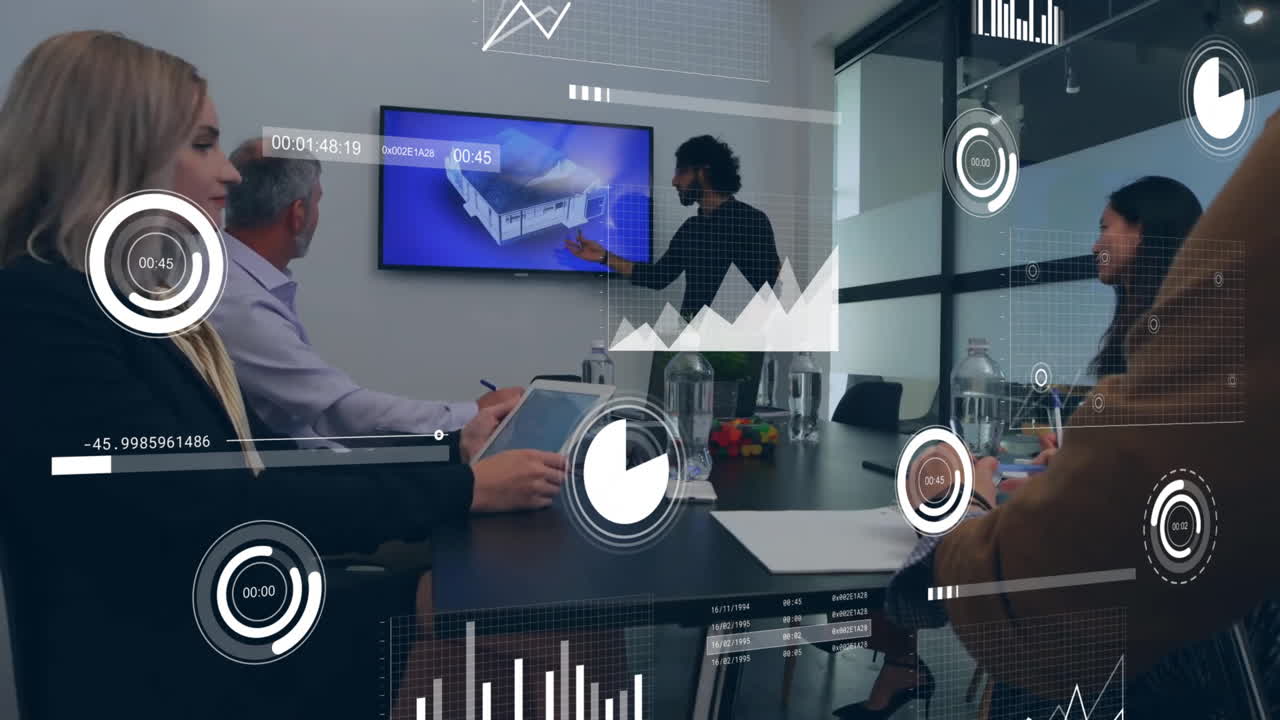 Animation of data processing over diverse business people in office