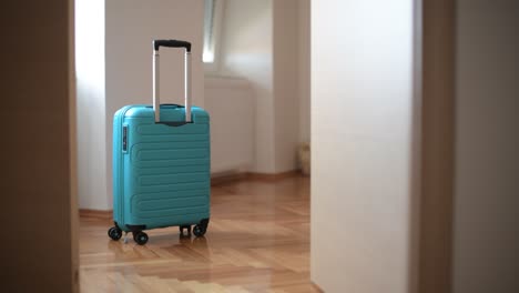 travel suitcase behind the open door of hotel apartment room