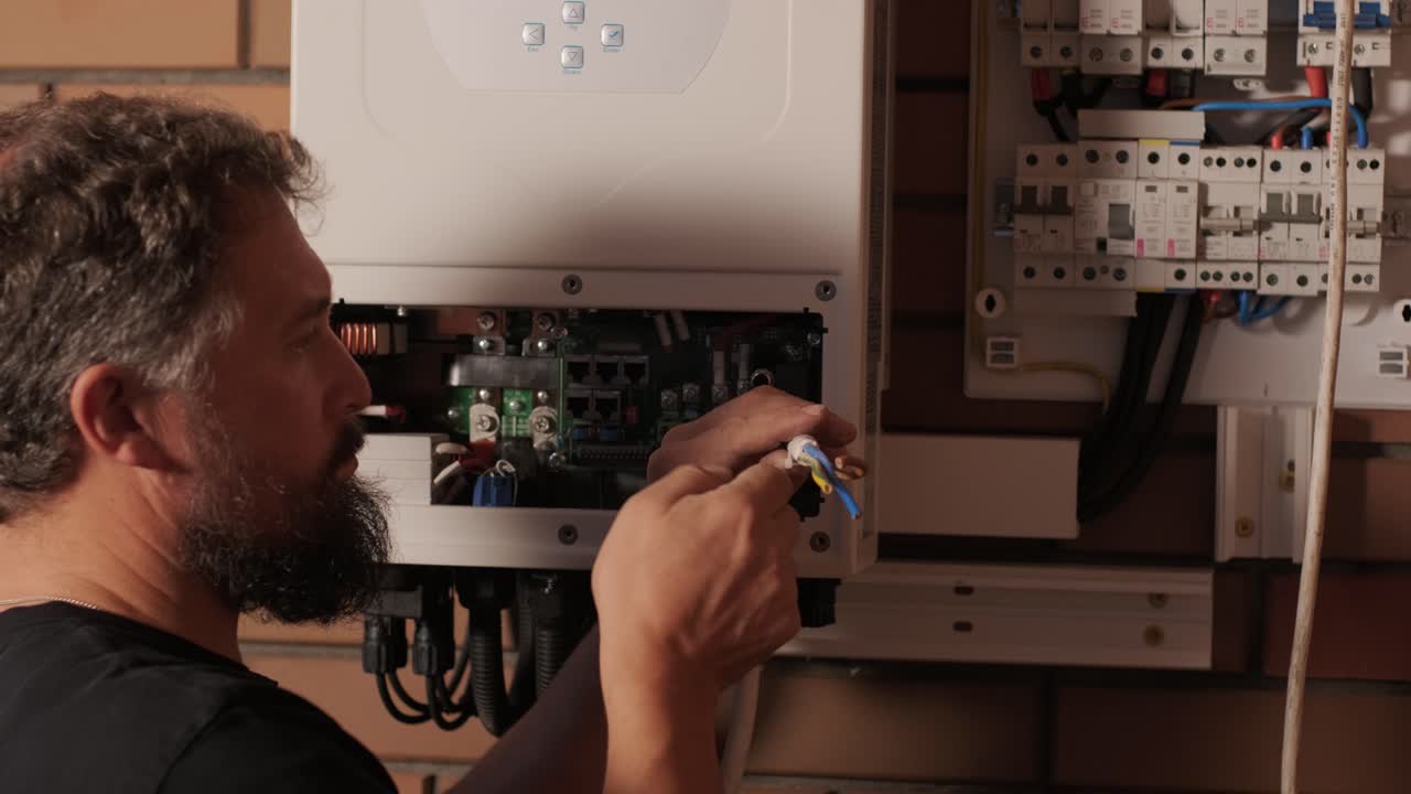 An electrician installing an inverter in a home. The image shows technical skill, modern tools, and attention to safety in electrical work