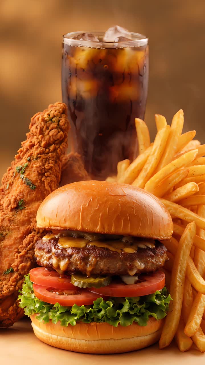 Burger 4K Fast Food with Crispy Fried Chicken and French Fries Cinematic Background