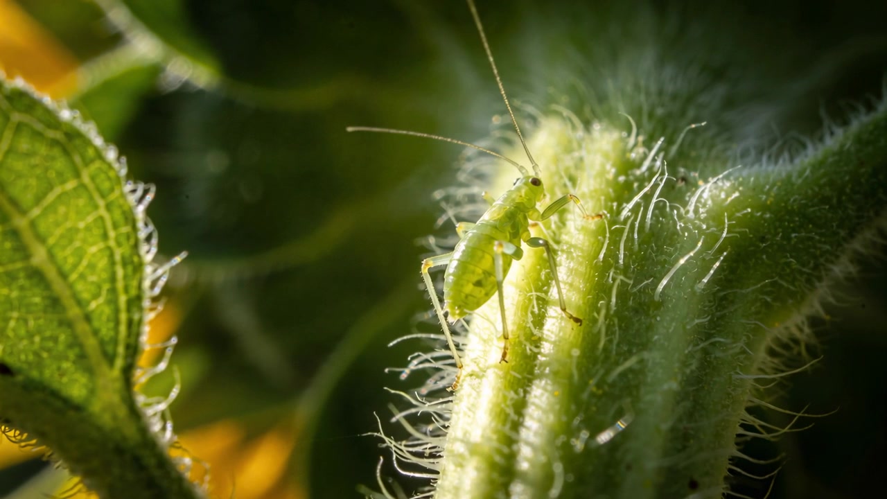 Climbing green aphid starting right, probing hairy stem for feeding in garden with antenna
