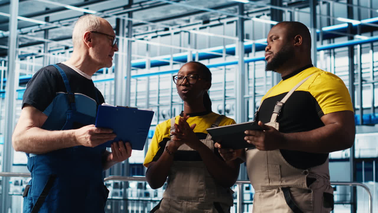 ingeniero sénior de una planta fotovoltaica de la industria 4.0 leyendo papeles