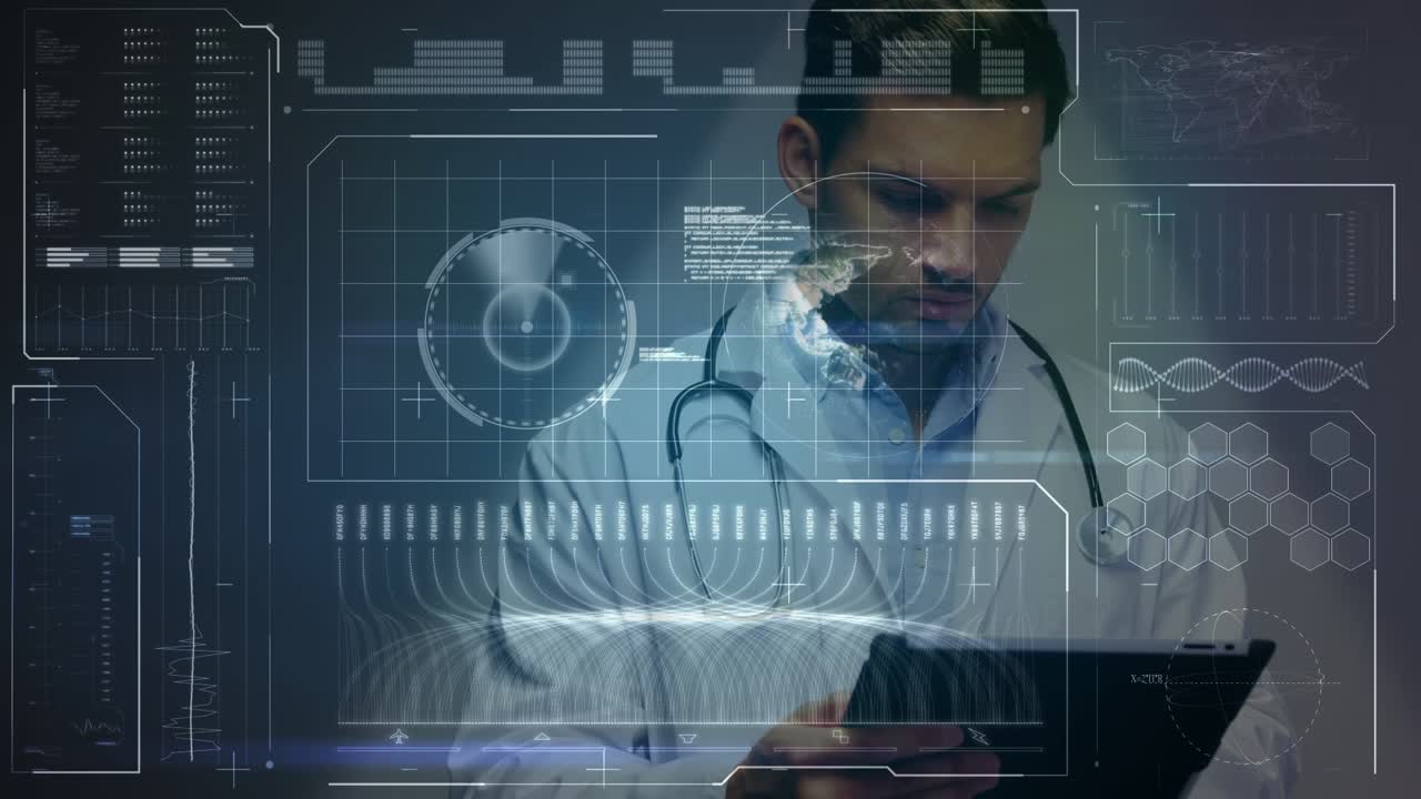 Animation of digital screen over caucasian male doctor