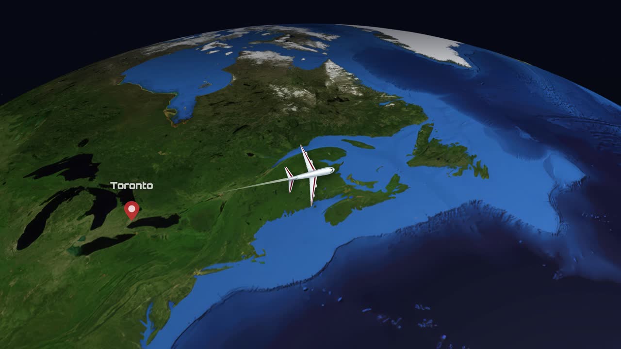 A commercial airplane flies across the Atlantic Ocean from Toronto to Madrid on a globe