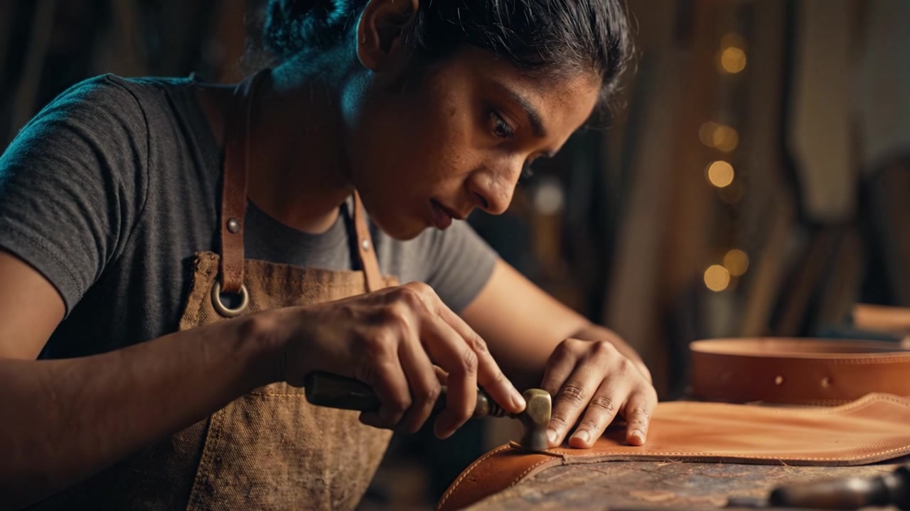 Skilled Artisan Focused on Leather Crafting, Delicately Creating a Prototype with Precision and Passion Under Warm Ambient Light in a Cozy Workshop Setting