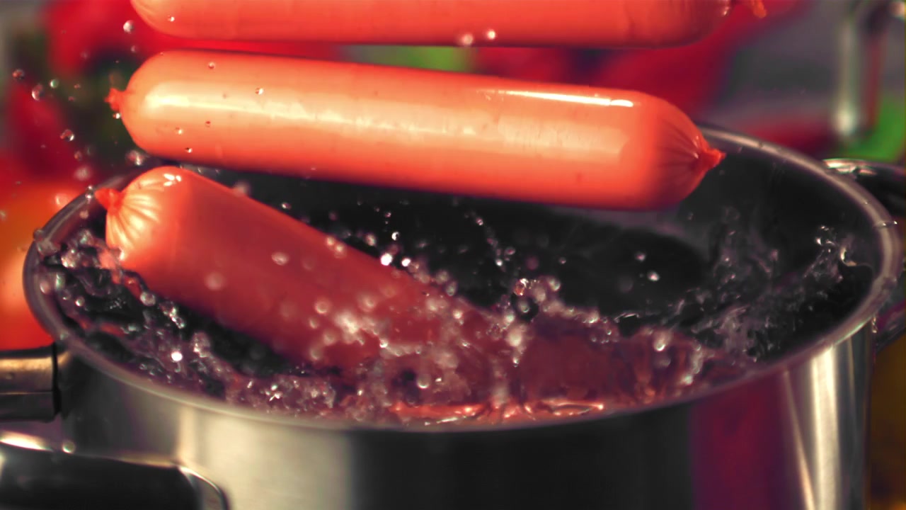Sausages Dropping into Boiling Water in a Pot