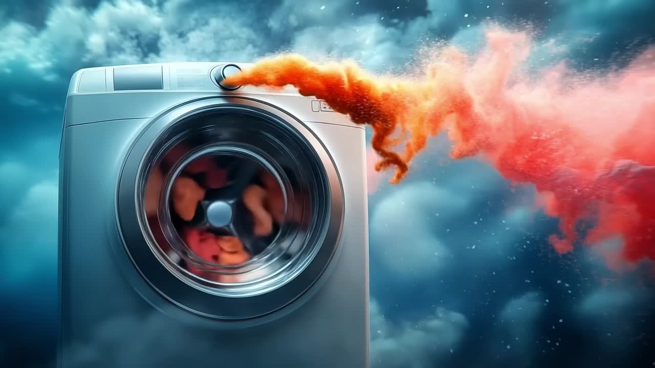 Laundry machine creating colorful steam. A washing machine emits vibrant red steam, mixing with clouds for a stunning visual effect.