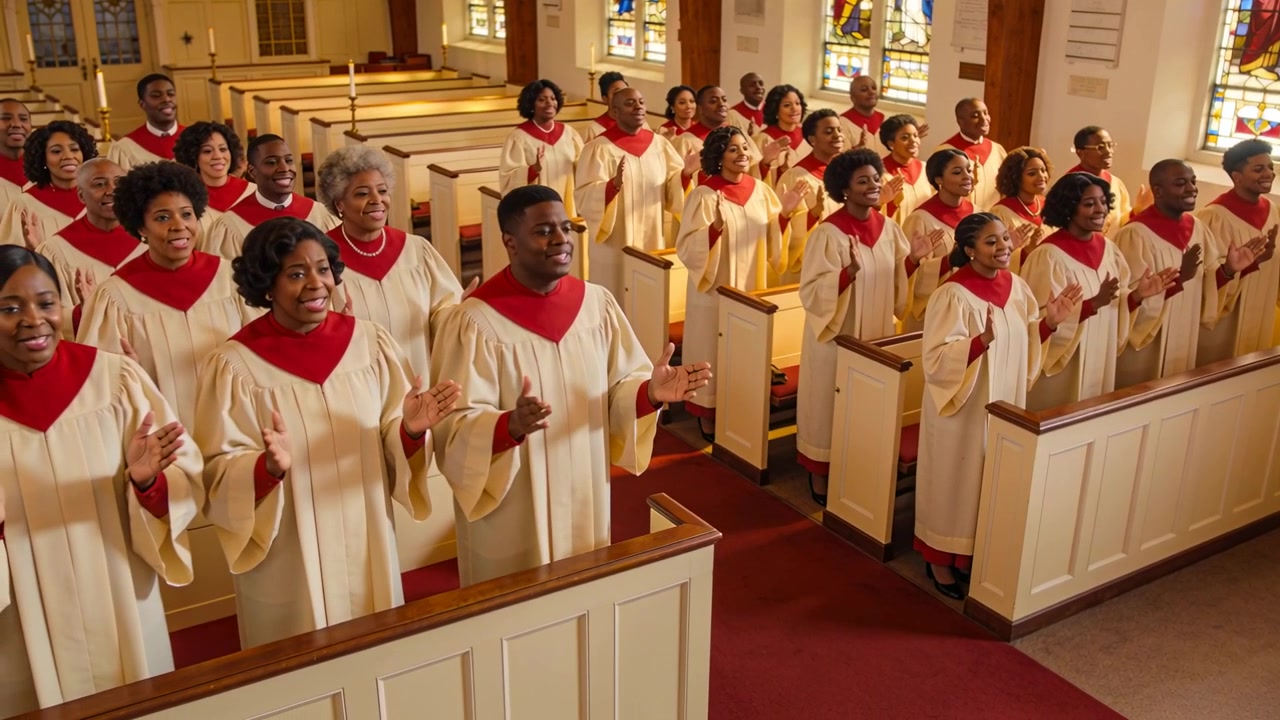 Leader cueing, church choir opening hands, singing and clapping to lead worship