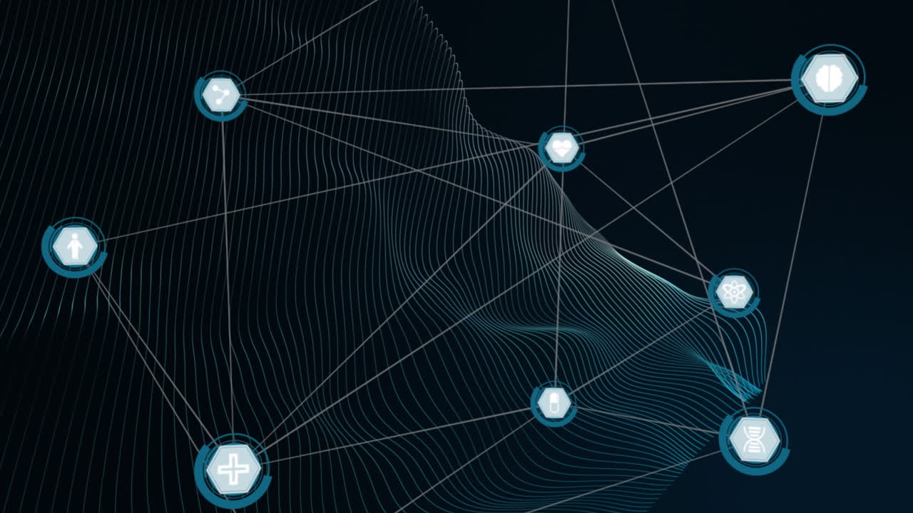 animación digital de la red de conexiones contra ondas digitales en fondo azul