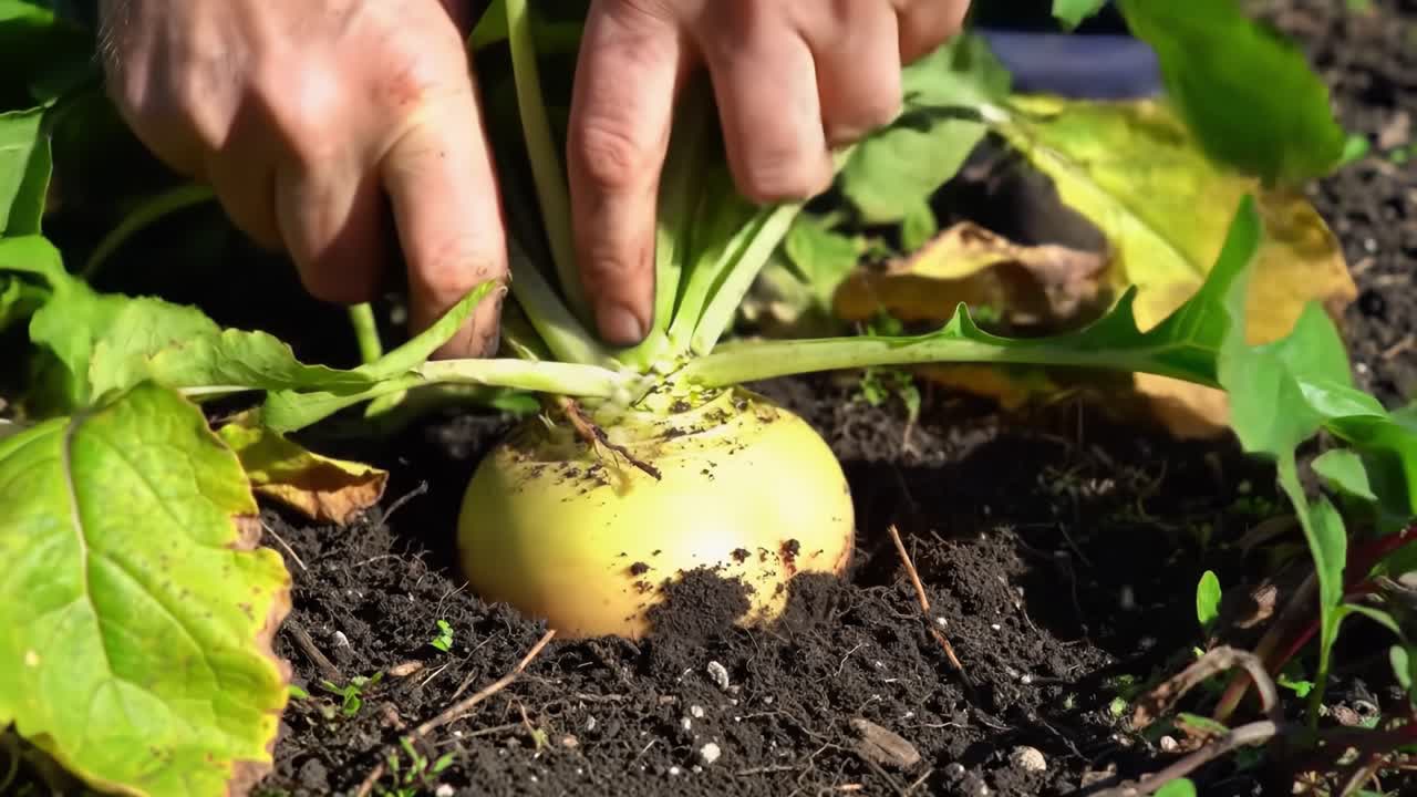 Harvesting a Fresh Turnip from the Garden: Hands Gently Pulling the Root Vegetable from Rich Soil, Showcasing the Beauty of Home Gardening and Organic Agriculture