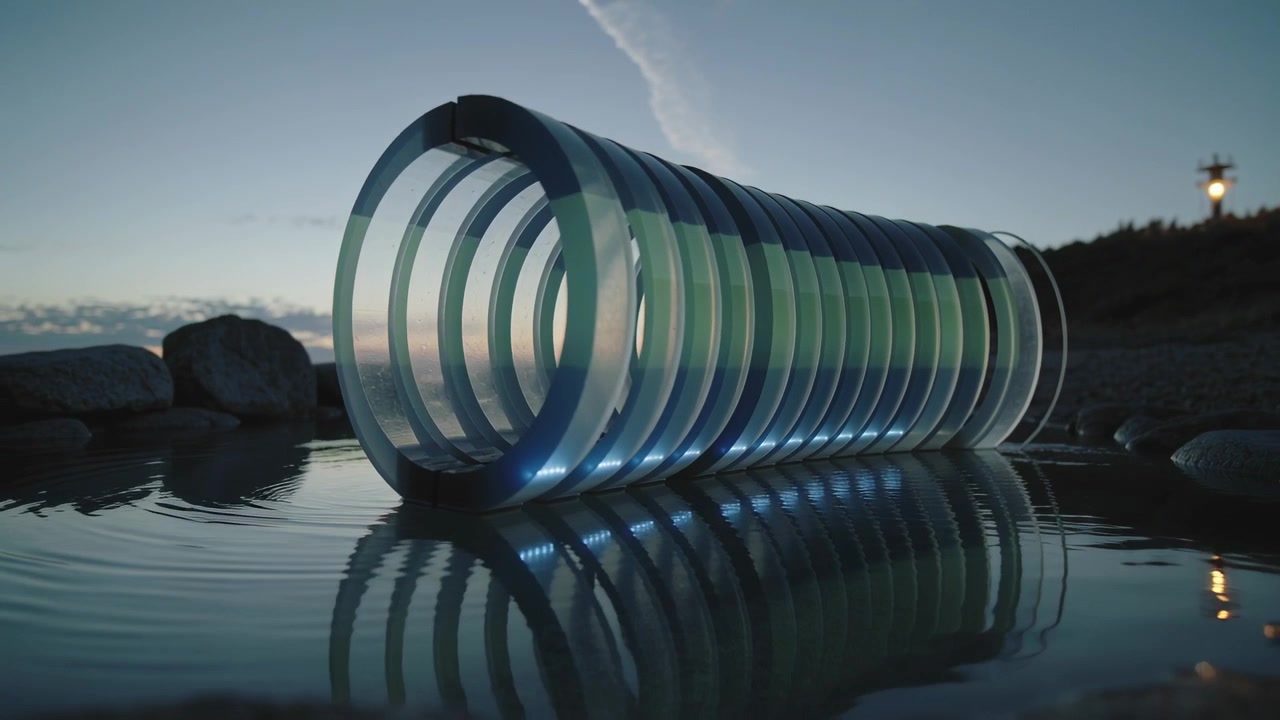 Illuminated Circular Sculpture Resting in Shallow Water at Twilight