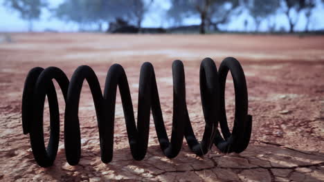 rusty coil spring in a desert landscape