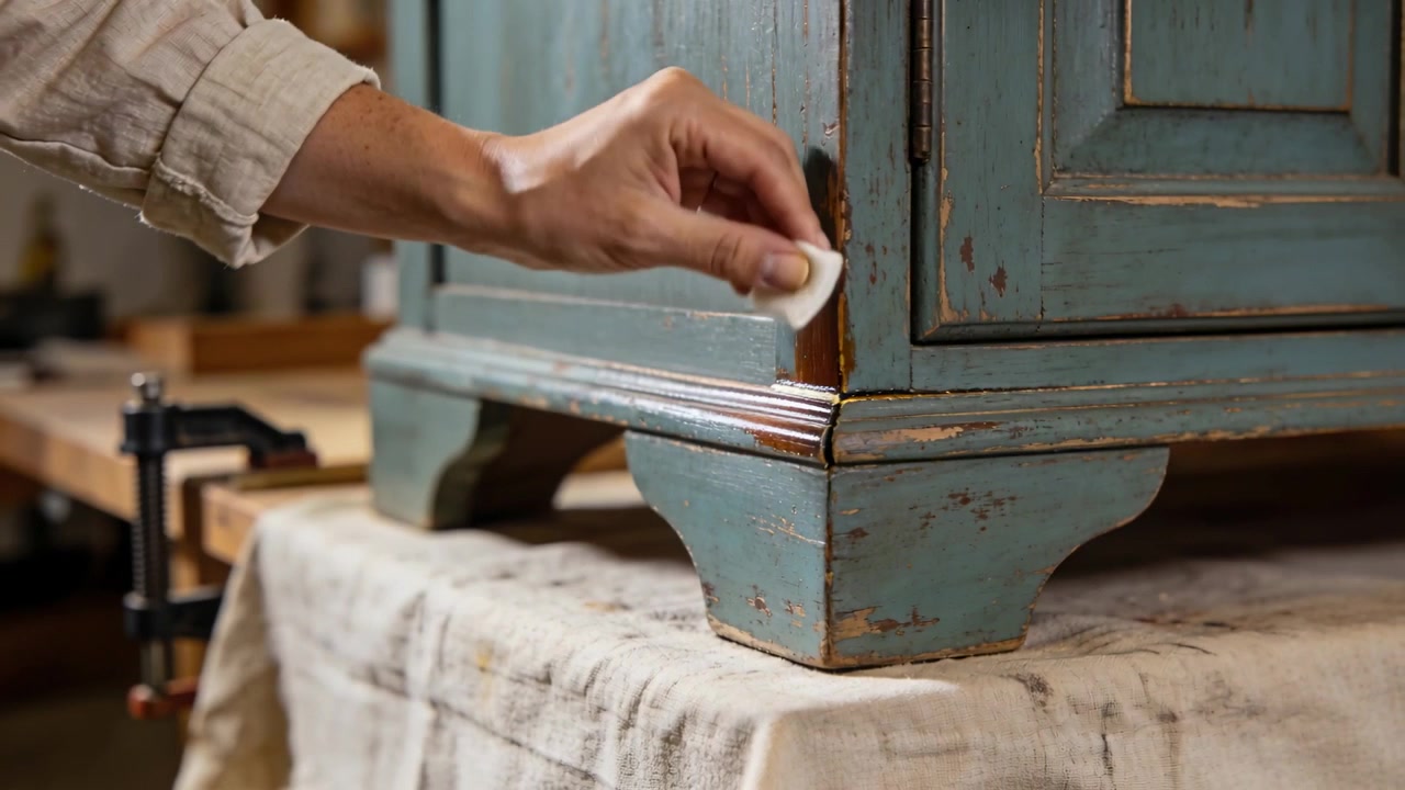 Reaching hand with cotton-pad rolled sleeve rubbing glaze into teal cabinet corner in shop, aging
