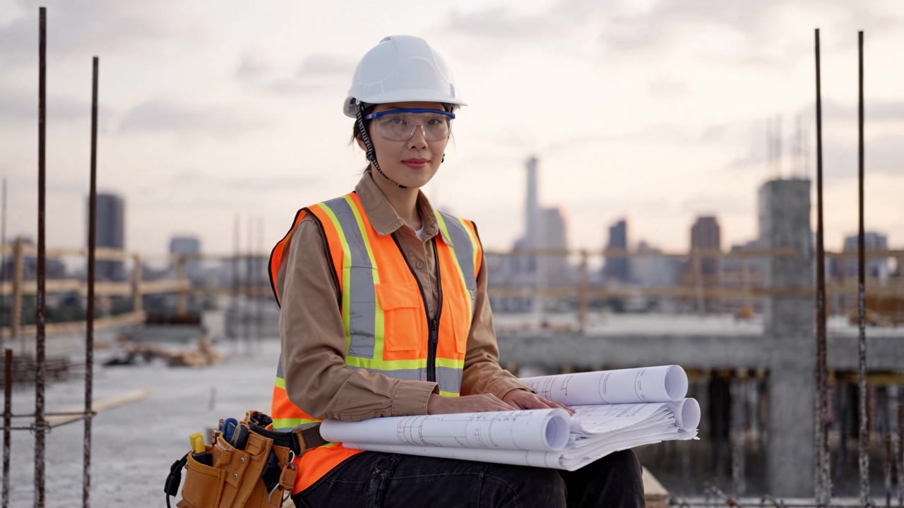 Trabajadora de la construcción profesional con equipo de seguridad revisando planos arquitectónicos en una obra, demostrando dedicación y experiencia en la industria de la construcción