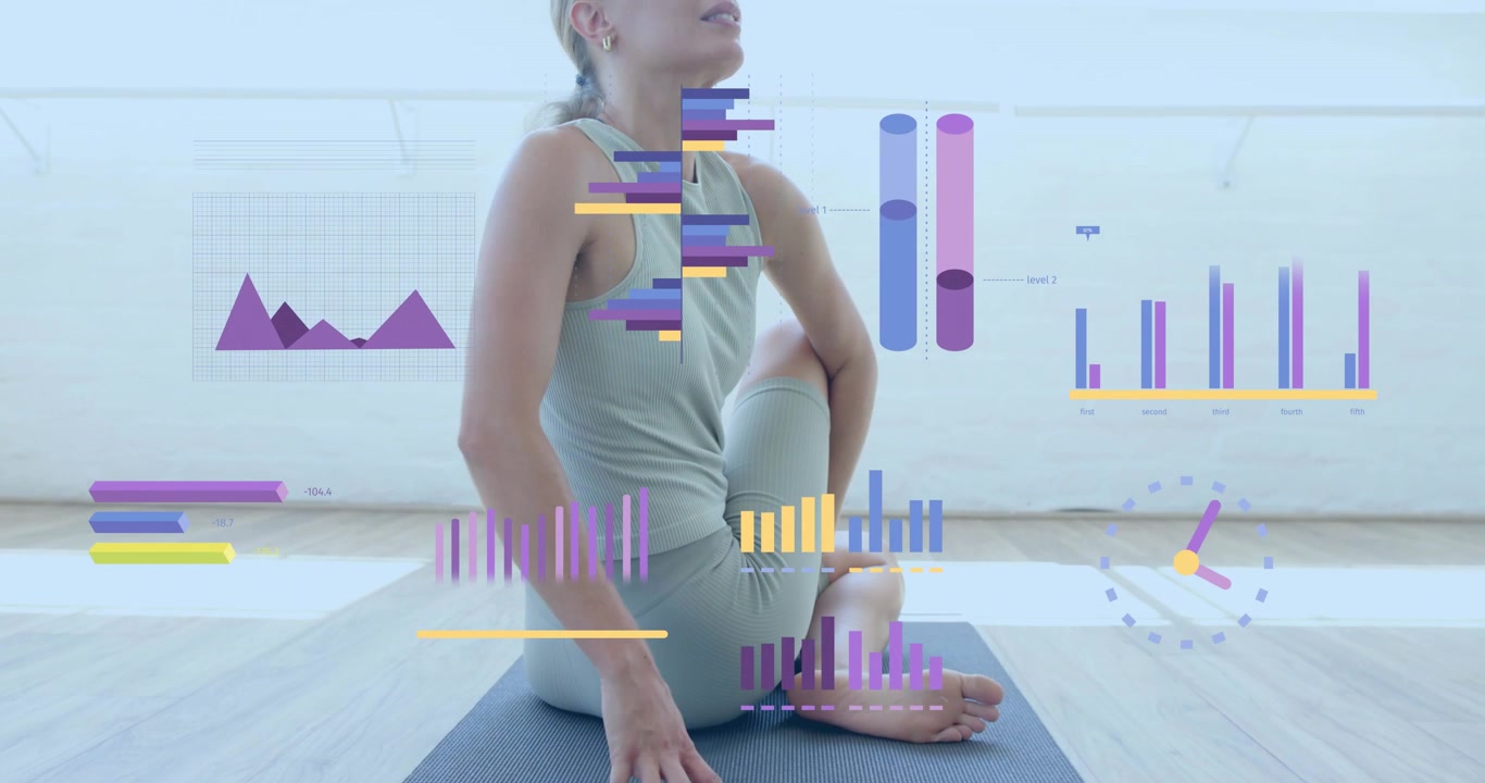 Praticante di yoga che inizia una torsione spinale su un tappetino blu, aggiornando dati sanitari animati per il monitoraggio.