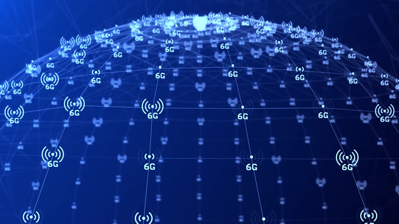 4k 6g rotating globe earth cloud in low poly style with 5g icons around it loop web and smart home