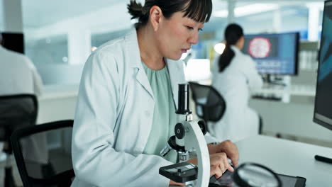 microscope, tablet or scientist working