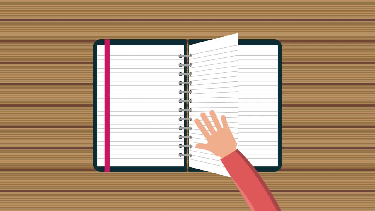 hand flips a page reading a notebook with bookmark