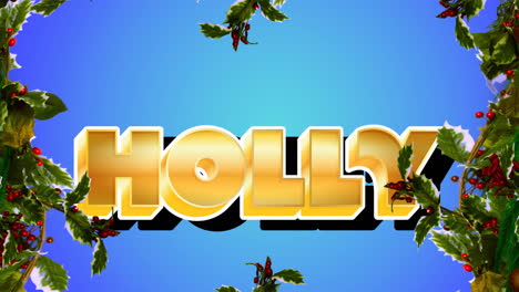 animation of holly text over christmas decorations and fir trees on blue background