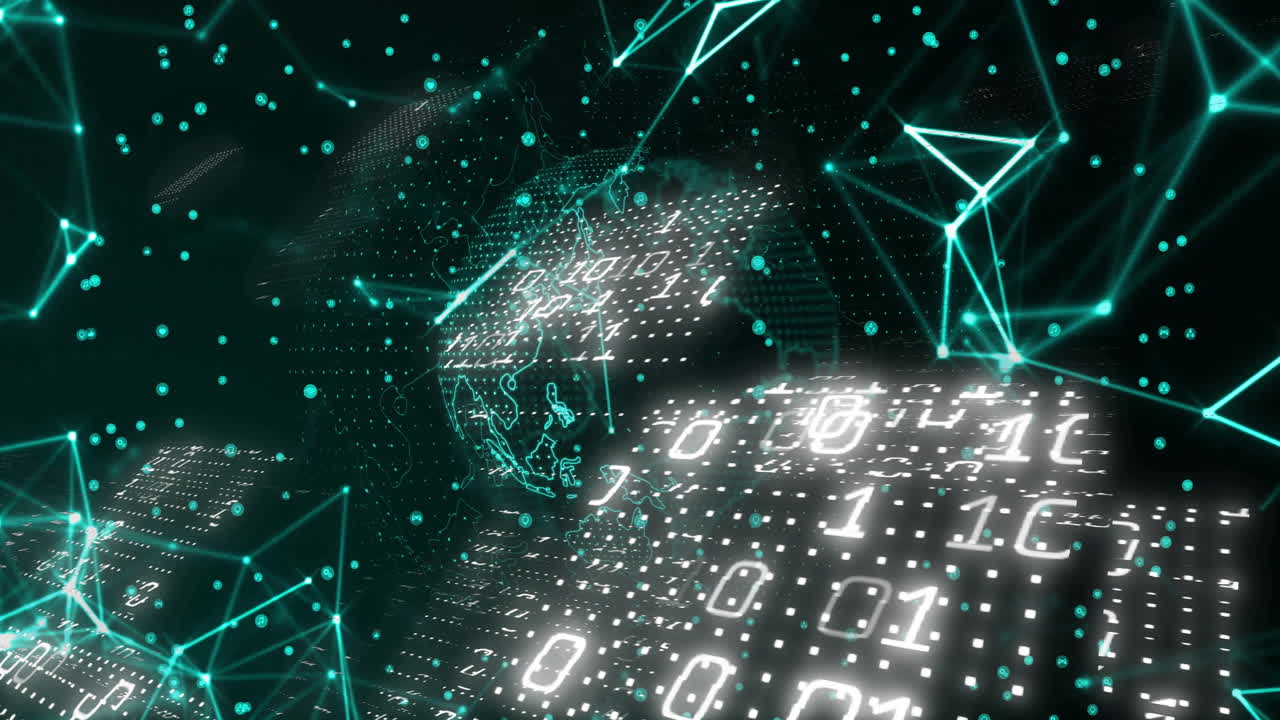 código binario y conexiones de red digital animación sobre globo abstracto