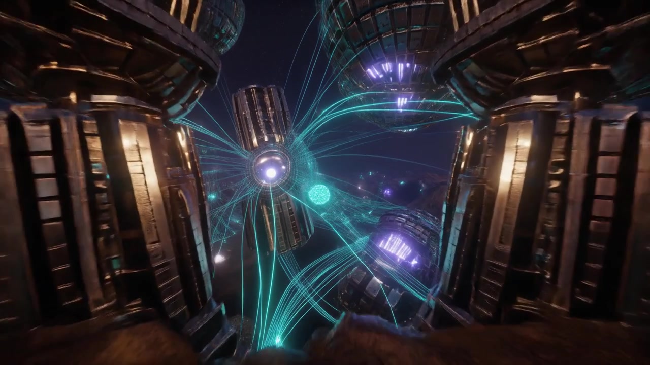 Futuristic Alien Base with Glowing Energy Beams on Desert Planet