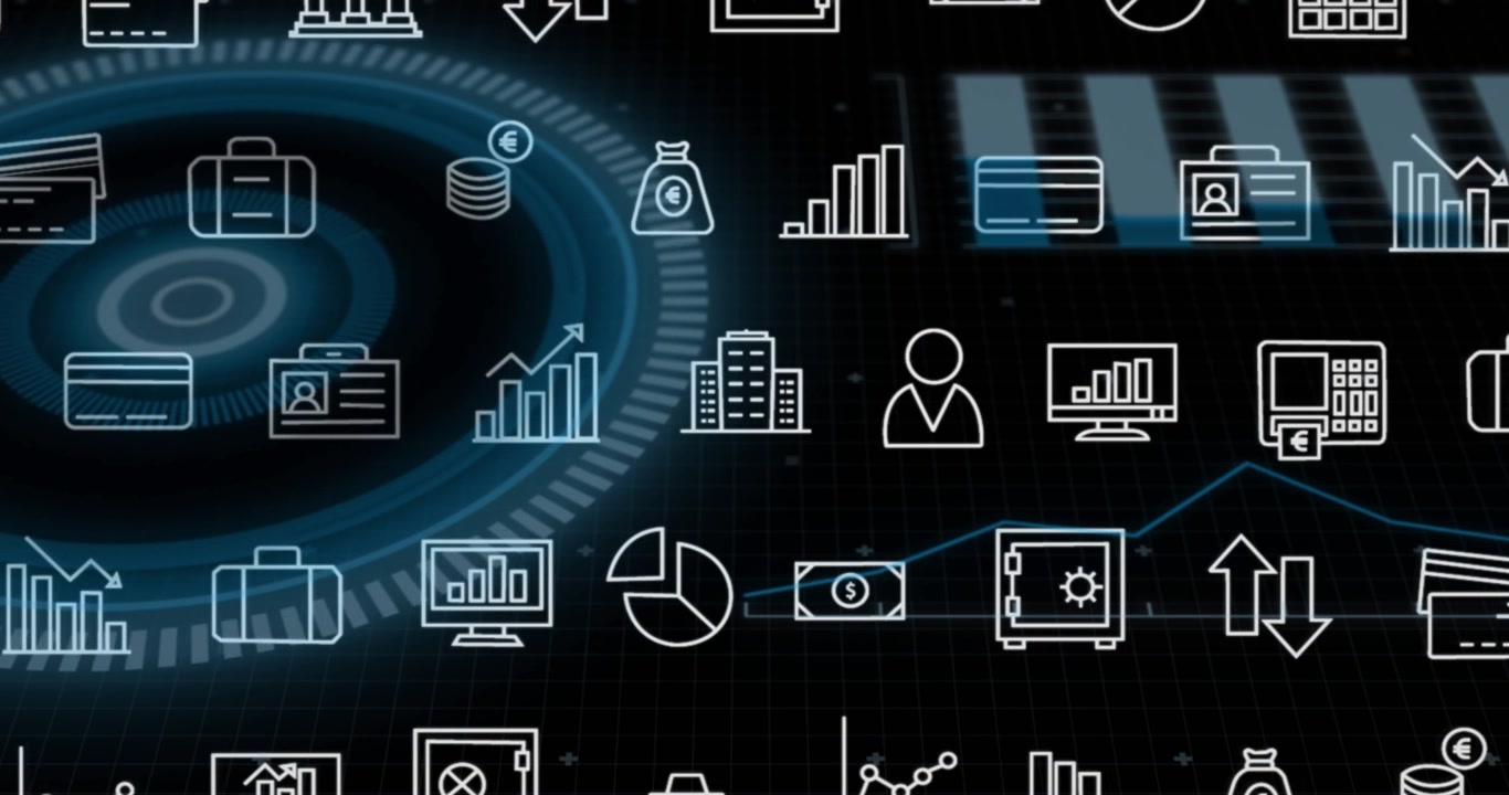 Animation of grid of business icons over circular scanner processing data on black background