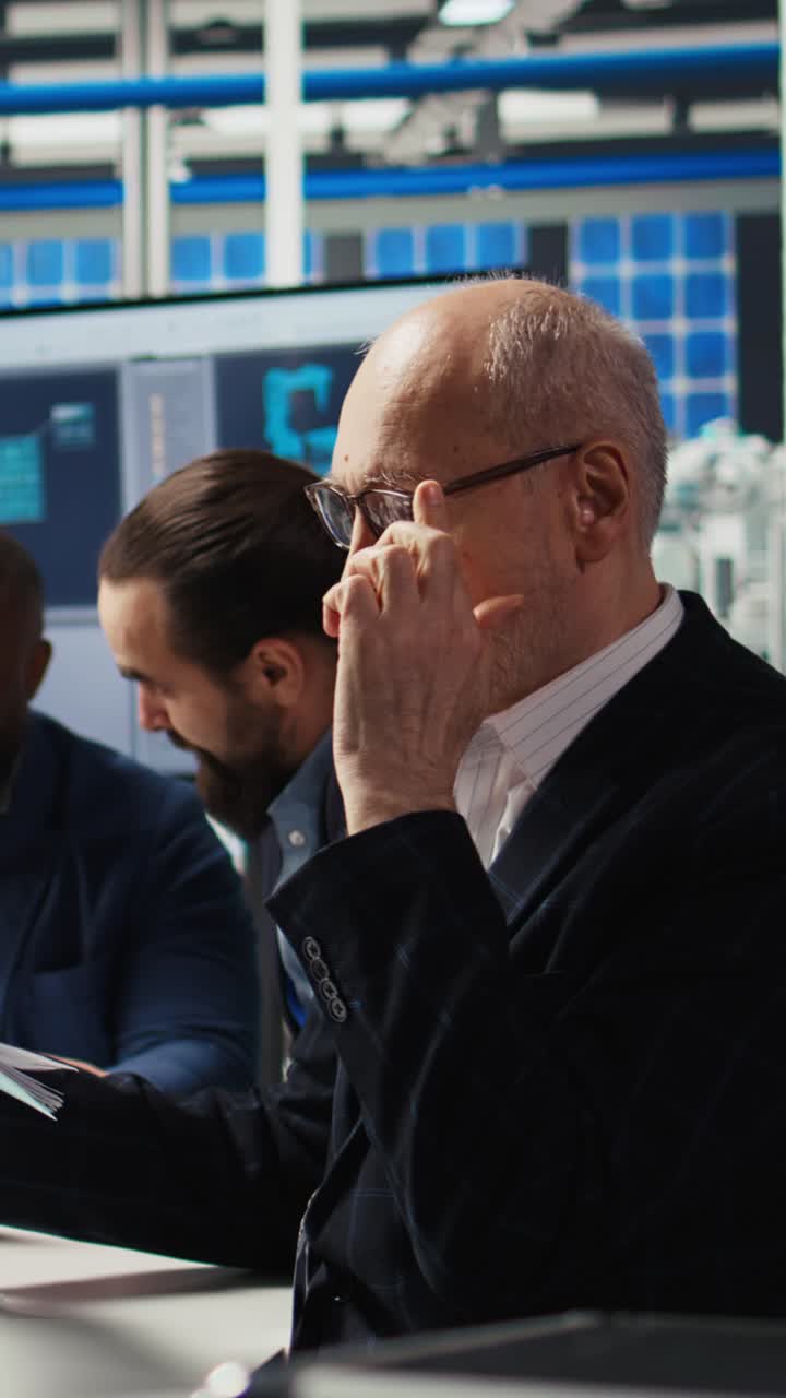 Vertical video Sustainability department team compiling reports on solar panel plant emissions