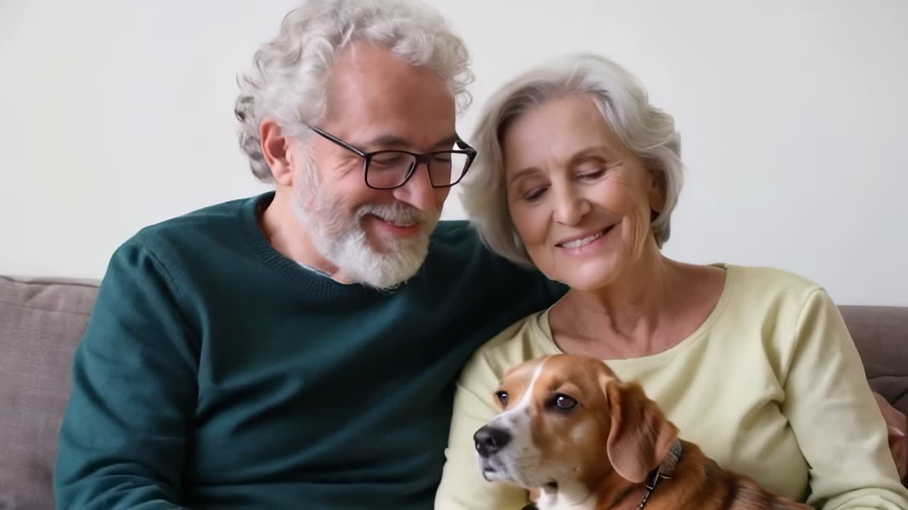 Relaxed senior couple with beagle cute dog on cozy sofa.