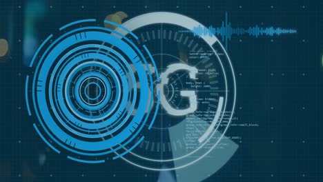 animation of scope scanning with 5g text and data processing over caucasian male hacker