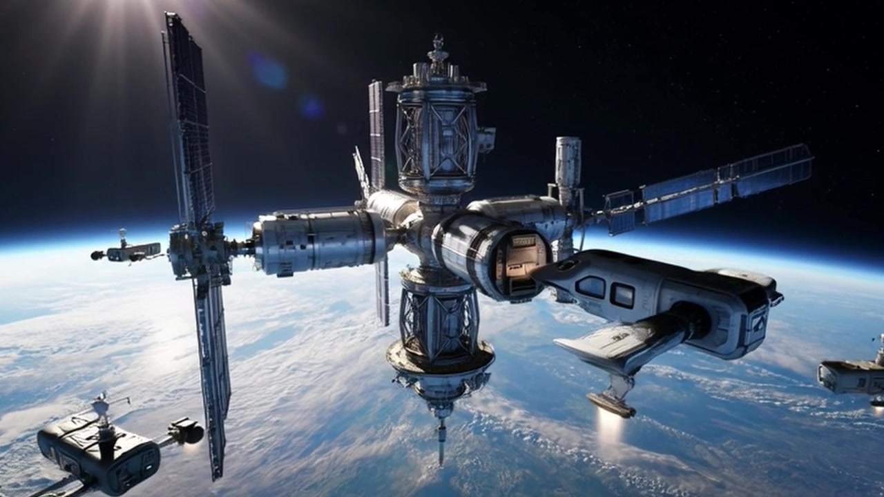 Spacecraft Docking with Orbital Space Station Above Earth