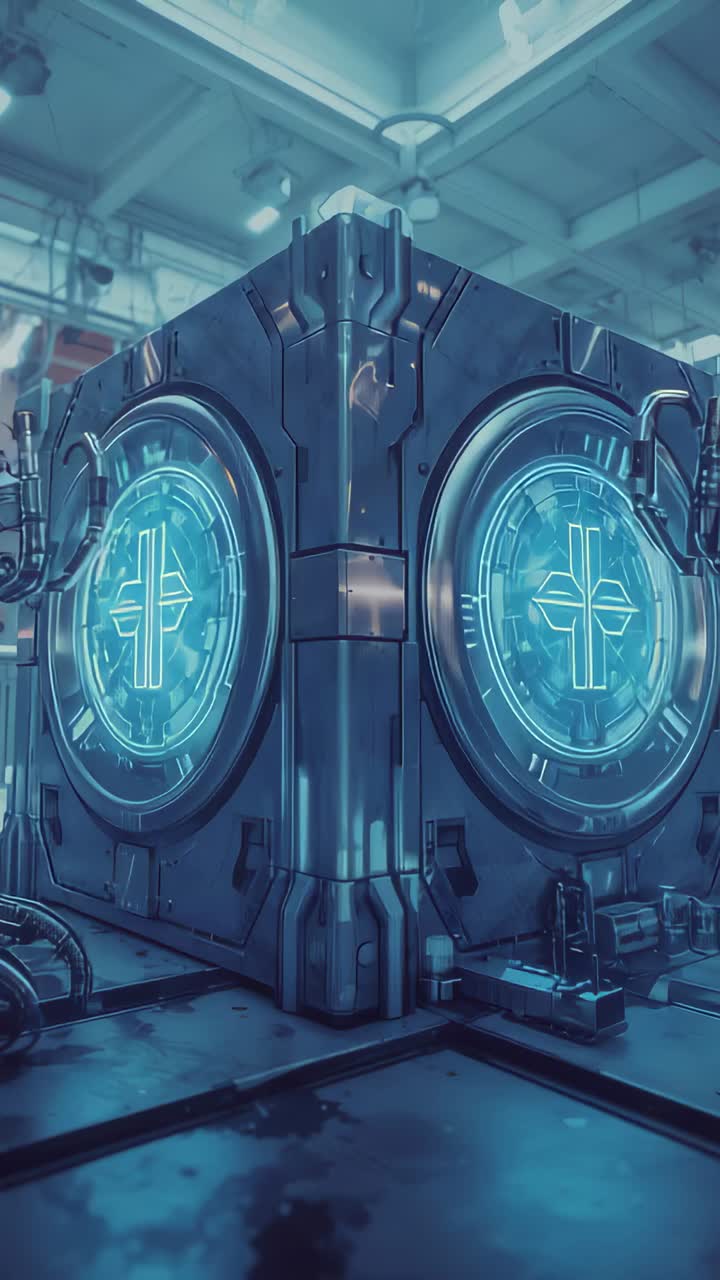 Vertical video: Panning camera showing large metallic cube in tech lab, glowing blue interfaces