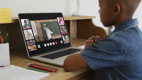 Schoolboy-using-laptop-for-online-lesson-at-home,-with-diverse-teacher-and-class-on-screen