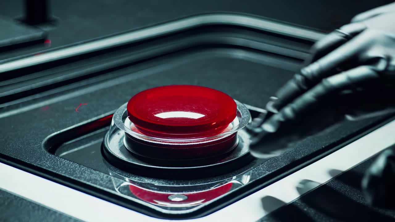 Big red button with transparent glass protection cover is ready to be pushed, activating a self destruction protocol in a dark control panel, causing a global disaster