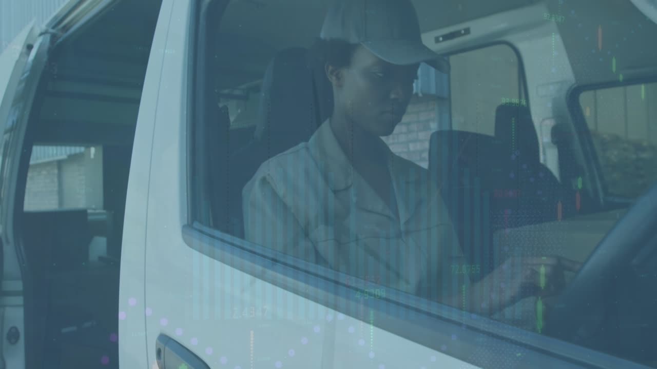 Animation of data processing and wind turbine over african american female deliverer