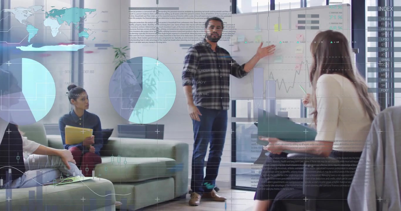 Business Team Meeting with Digital Data Visualization in Modern Office