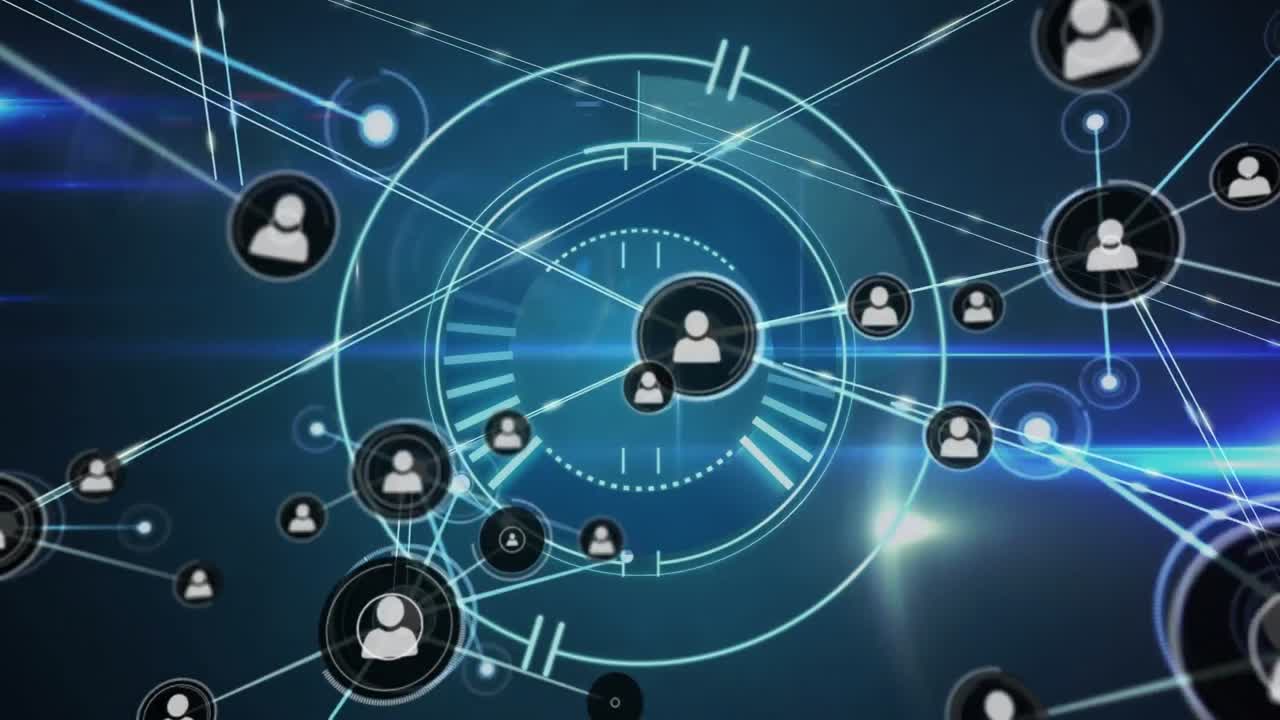 animación de una red de iconos de perfil sobre un escáner redondo y senderos de luz contra un fondo azul.