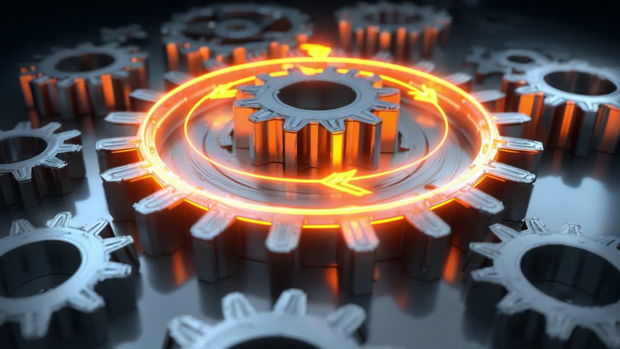 Complex system of interconnected metal gears operating together, with a central cogwheel highlighted by a luminous orange energy ring and rotating arrows, symbolizing industrial innovation