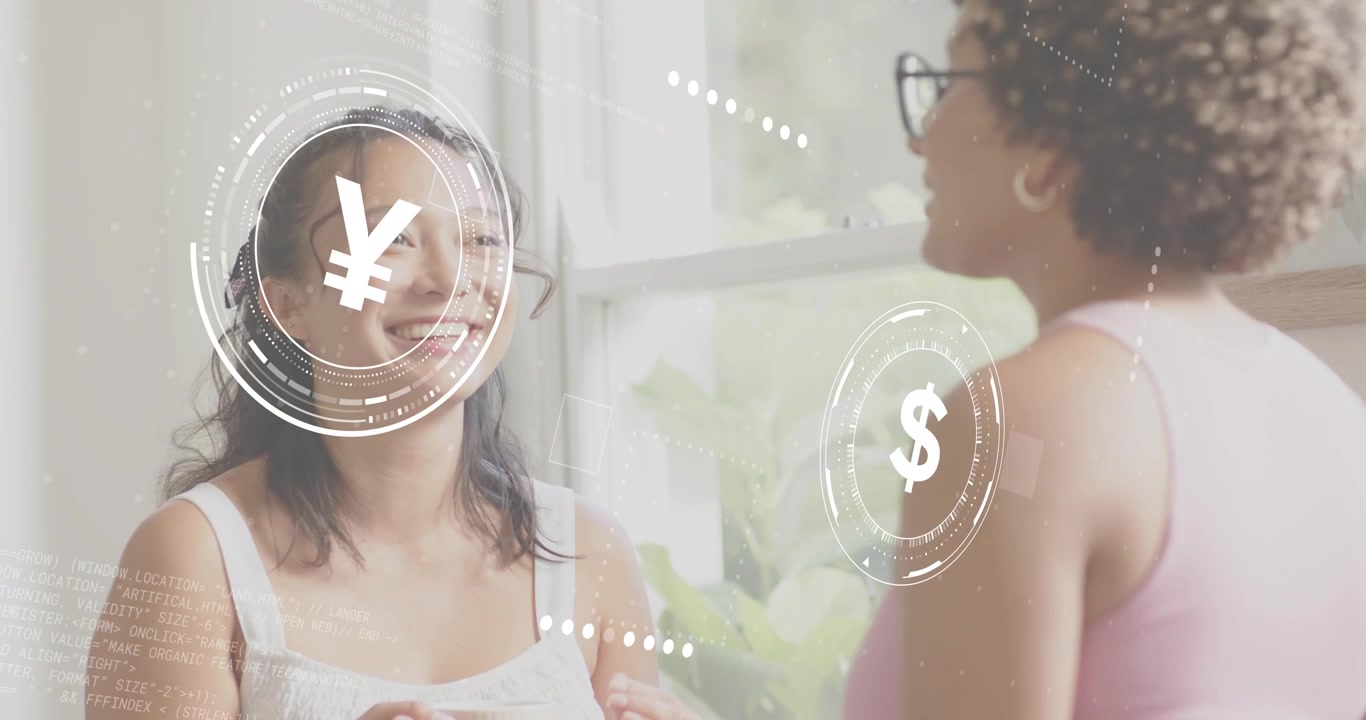 Two women with mugs one listening and explaining causing floating yen dollar icons showing exchange