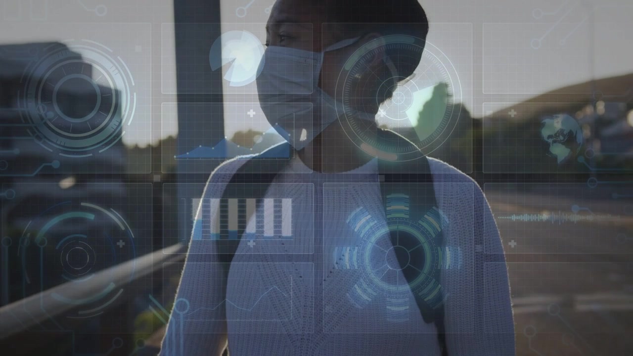 Woman walking roadside railing, tapping phone and activating AR tech HUD with charts, lens flare
