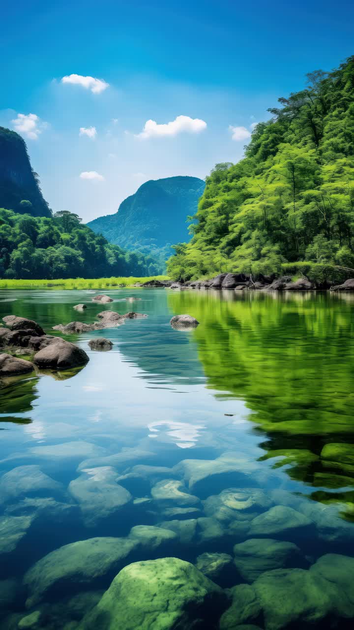 A serene landscape video captures a low-angle view of a tranquil river flanked by lush green hills