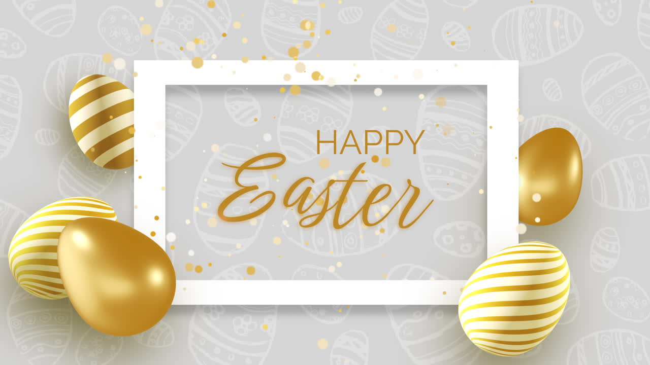 Happy Easter greetings in a rectangular frame. Golden Easter eggs with a pattern on white background with shiny particles. Video motion graphic animation.