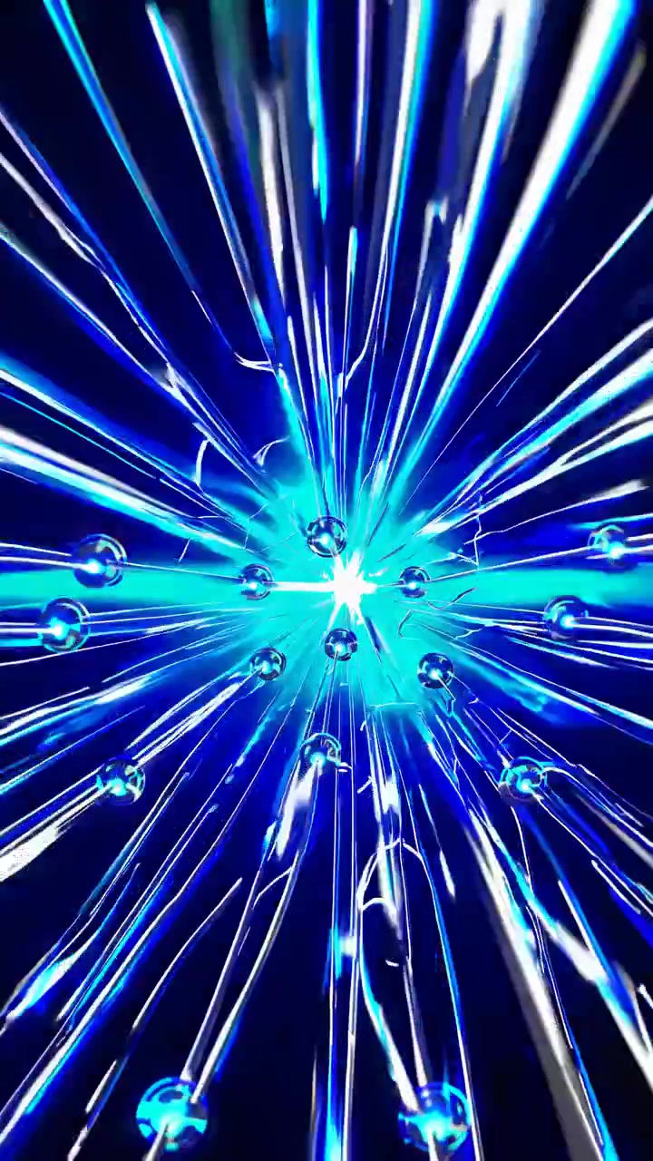 Video dinamico con scie di luce blu che si irradiano verso l'esterno, ripreso da un'angolazione centrale.